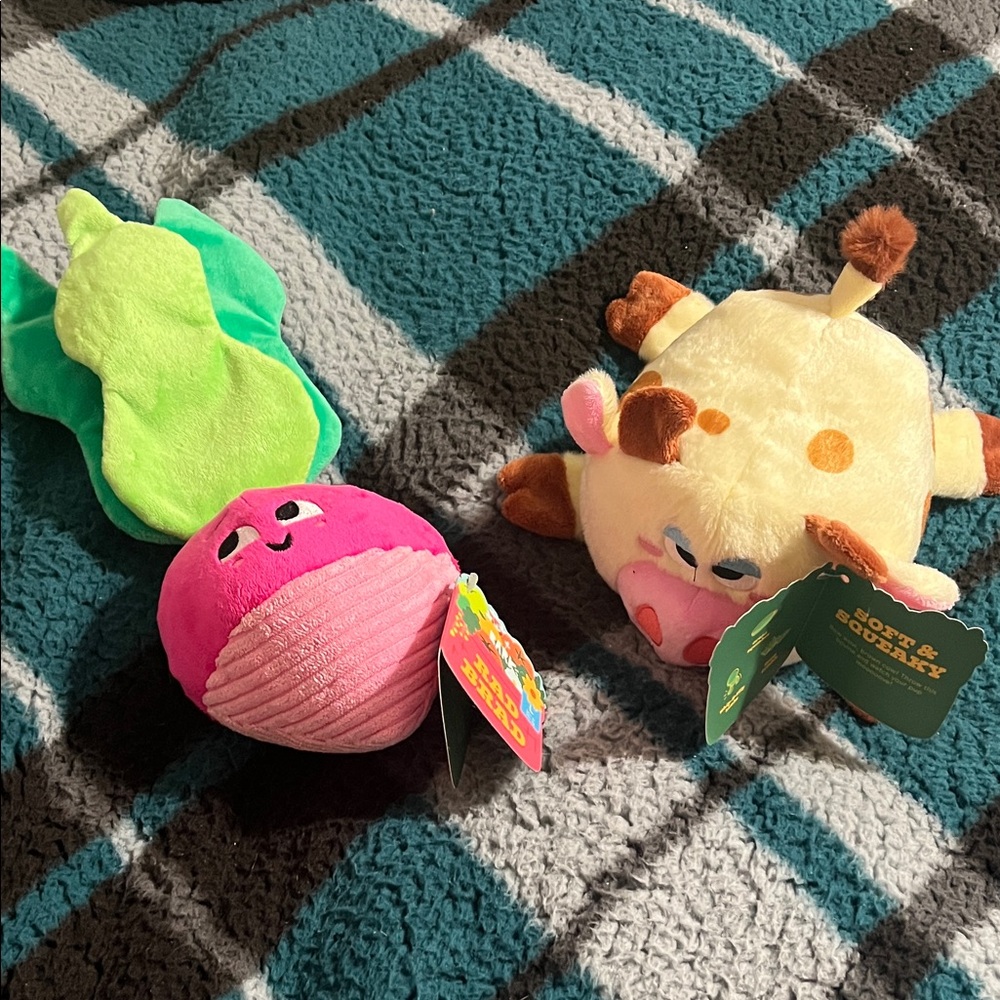 Plush Dog Toy Set — Pink radish with Green Leaf & Cream Cow